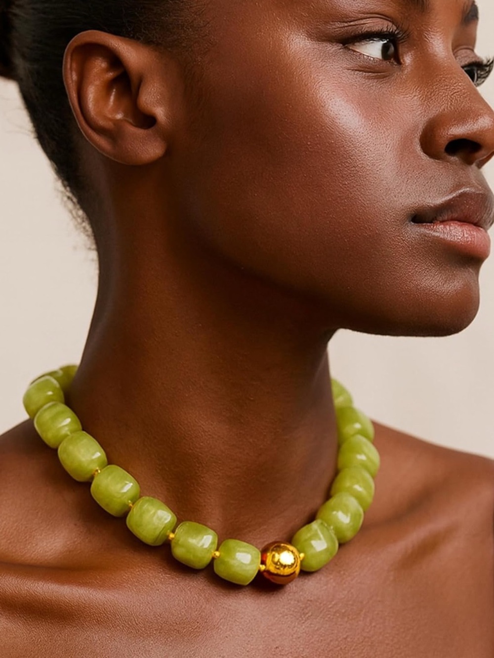 Anthropologie Lime Green Beaded Necklace with Gold Accent